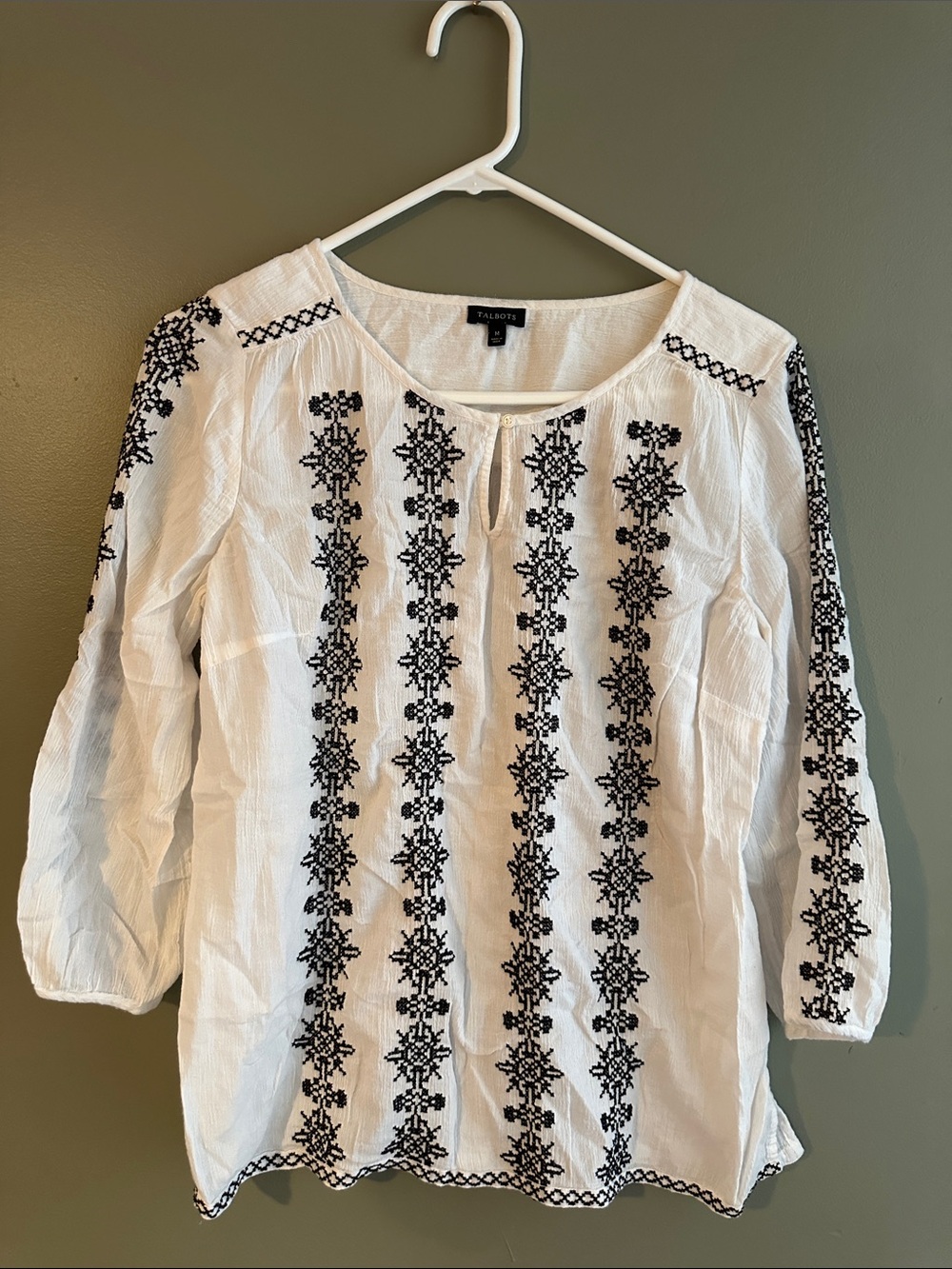 Talbots White Peasant Tunic with Black Embroidery